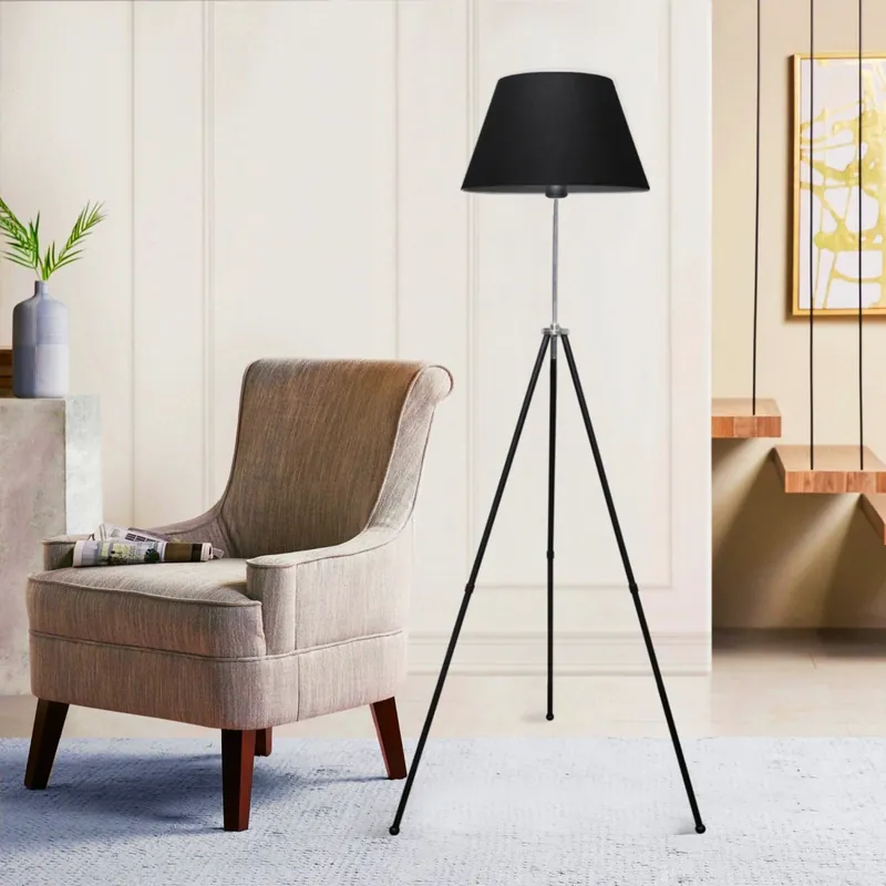 Lampada da Terra 'Livingston' Piantana Tripode Lampada a Treppiedi con Paralume in Tessuto di Forma Circolare - Nero - lux.pro