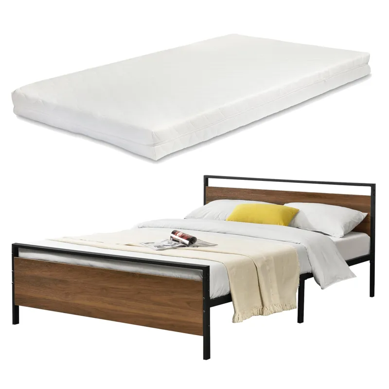 Letto Matrimoniale in Acciaio Nero con Materasso a Schiuma Fredda 140\\/180 x 200 cm Testiera e Pediera Decorate con Panelli in Effetto Legno di Color Noce