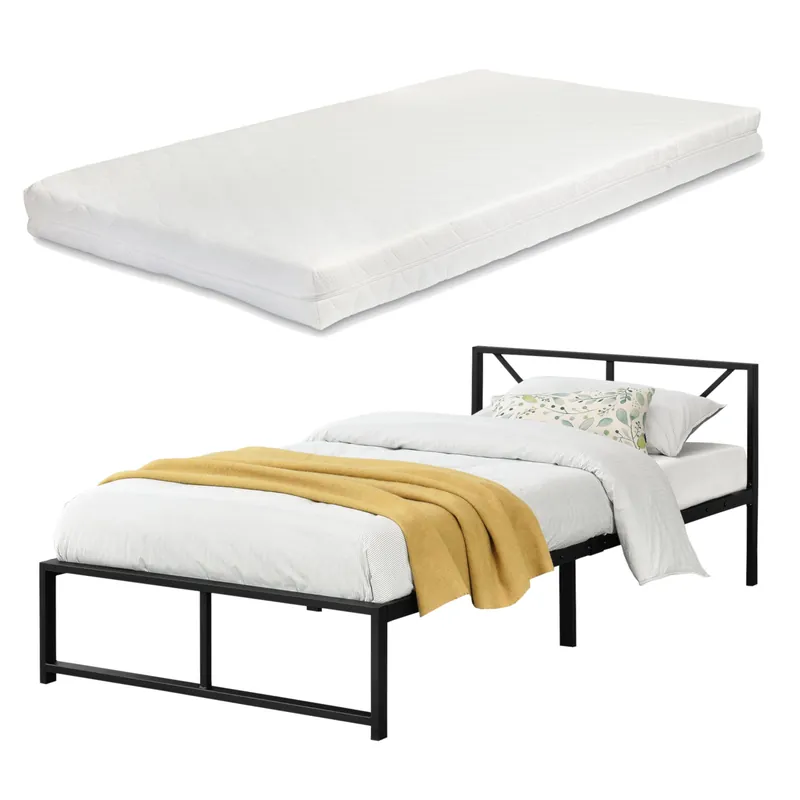 Letto in Metallo con Materasso a Schiuma Fredda 90\\/140\\/180x200 cm Letto Matrimoniale\\/Francese\\/Singolo con Testiera Decorativa Letto in Stile Classico\\/Moderno - Nero