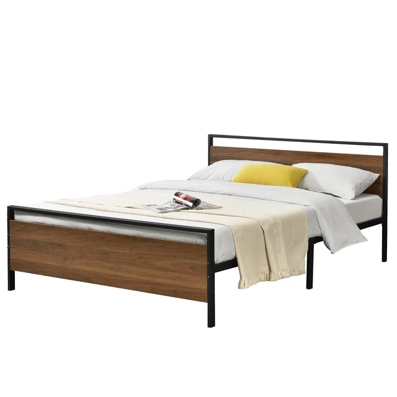 Struttura Letto in Acciaio 140\\/180 x 200 cm Testiera e Pediera Decorate con Panelli in Effetto Legno di Color Noce Letto Matrimoniale in Stile Moderno - Nero
