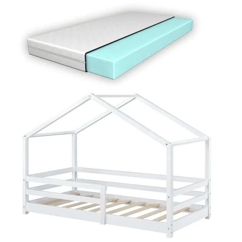 Letto per Bambino a Forma di Casetta con Barriere di Sicurezza e Materasso Ortopedico 70x140\\/80x160\\/90x200 cm Lettino in Legno di Pino con Sponde - Vari Colori