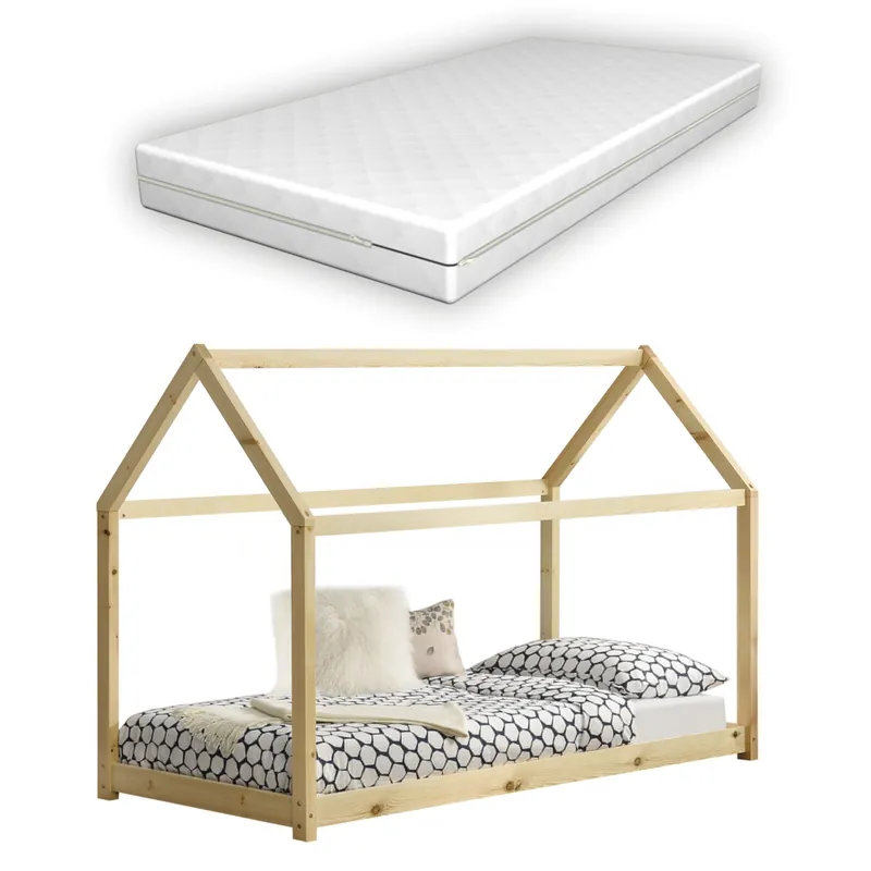 Letto per Bambino a Forma di Casetta con Materasso Ipoallergenico a Schiuma Fredda 70x140 \\/ 80x160 cm Lettino di Design Struttura in Legno in Stile Montessori - Vari Colori
