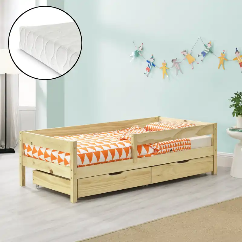 Letto per Bambino\\/Gioventú con 2 Cassetti Portabiancherie e Materasso 70x140 \\/ 80x160 \\/ 90x200 cm Lettino in Legno di Pino con Corrimano Laterale - Vari Colori