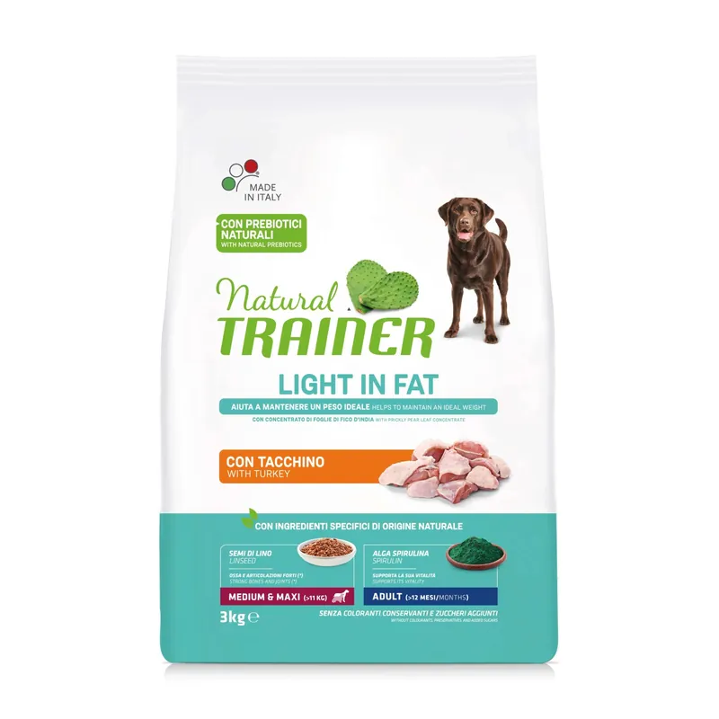Cibo secco per cani Natural Trainer medium&maxi light in fat tacchino 3 kg