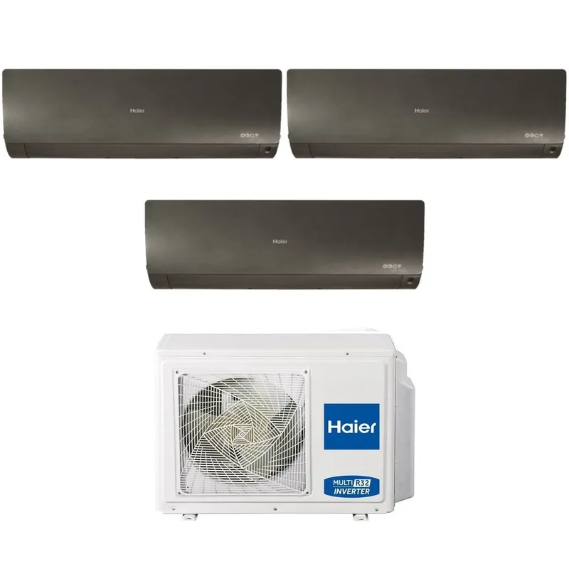 Climatizzatore Condizionatore Haier Trial Split Inverter serie FLEXIS PLUS BLACK 7+7+9 con 3U70S2SR3FA R-32 Wi-Fi Integrato Colore Nero 7000+7000+9000