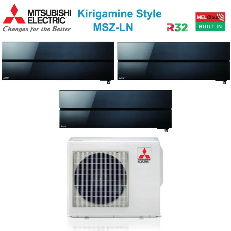 Condizionatore Mitsubishi Electric Trial Split Kirigamine Style Onyx Black 9000+9000+9000 con MXZ-3F54VF R-32 Wi-Fi Integrato