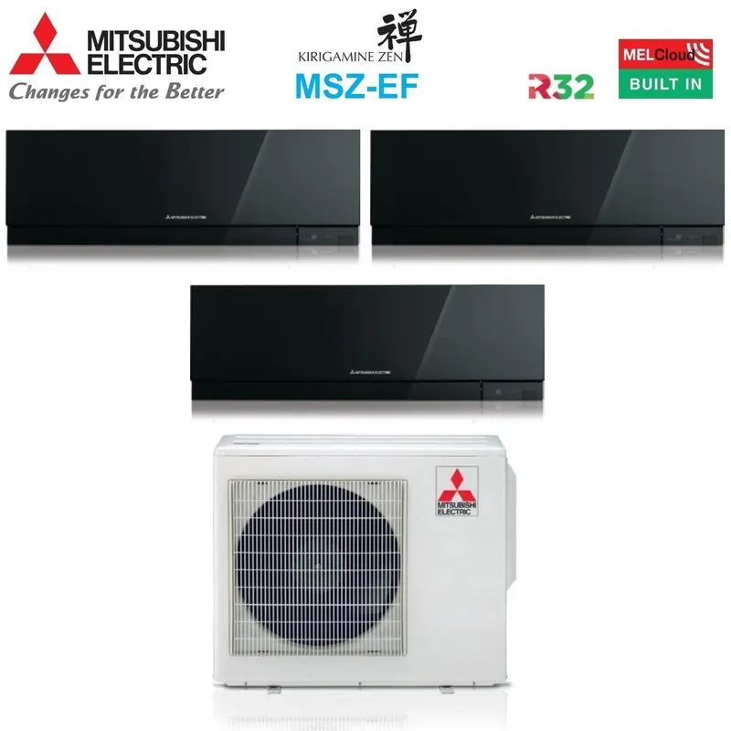 Climatizzatore Condizionatore Mitsubishi Electric Trial Split Inverter serie KIRIGAMINE ZEN BLACK MSZ-EF 9+15+15 con MXZ-3F68VF R-32 Wi-Fi Integrato Colore Nero 9000+15000+15000