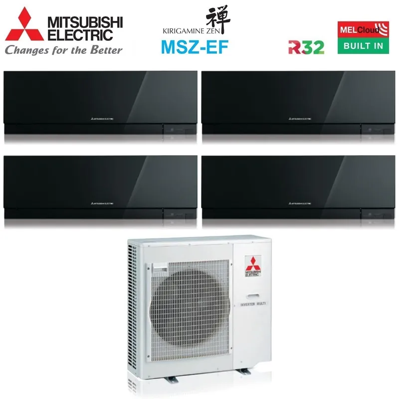 Climatizzatore Condizionatore Mitsubishi Electric Quadri Split Inverter serie KIRIGAMINE ZEN BLACK MSZ-EF 7+9+9+15 con MXZ-4F80VF R-32 Wi-Fi Integrato Colore Nero 7000+9000+9000+15000