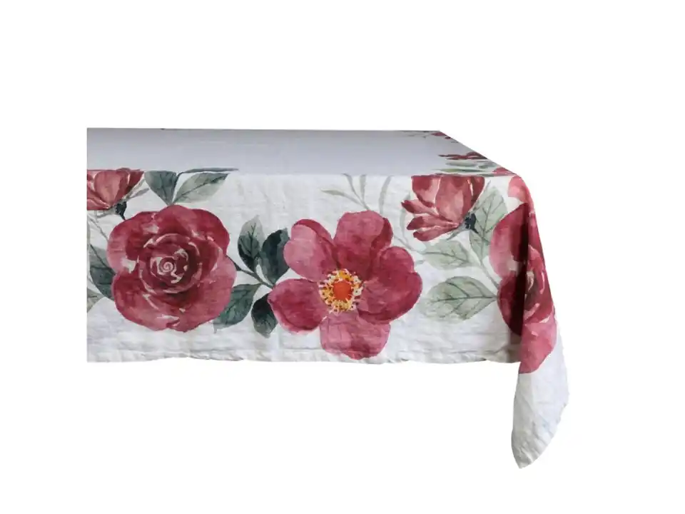 Tovaglia in lino bianco stampa peonie, 160x260 cm